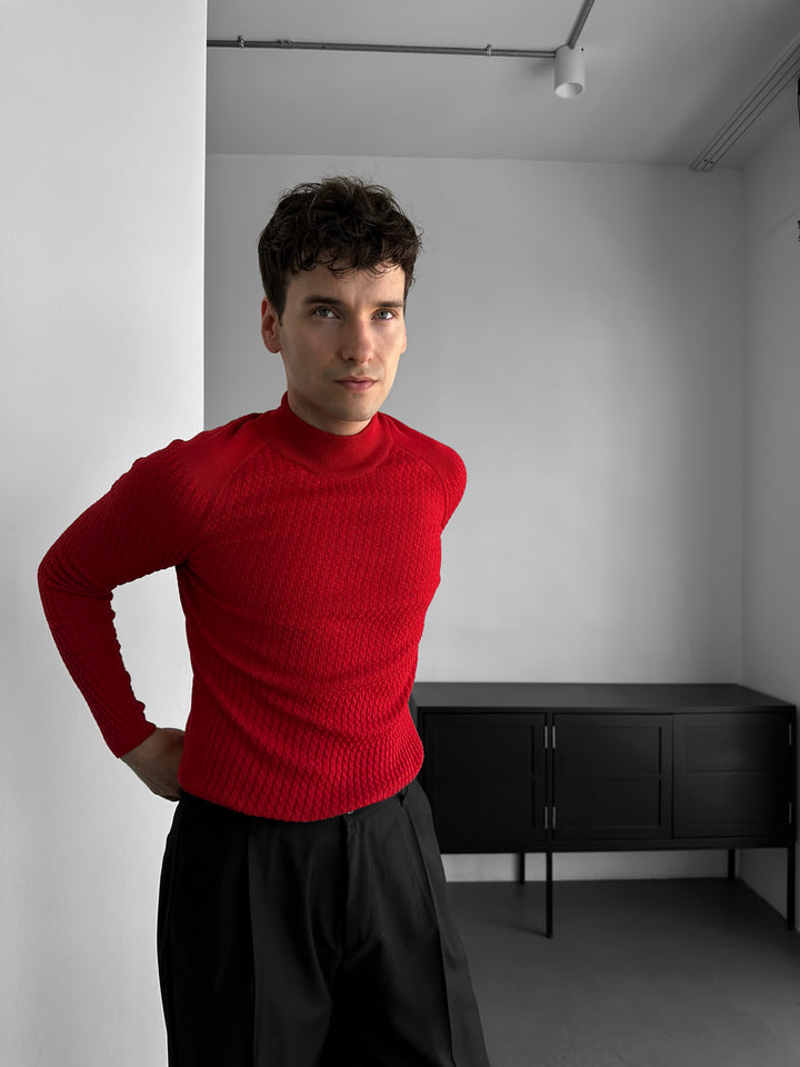 Slim Fit Mock Neck Knit Sweater - Red