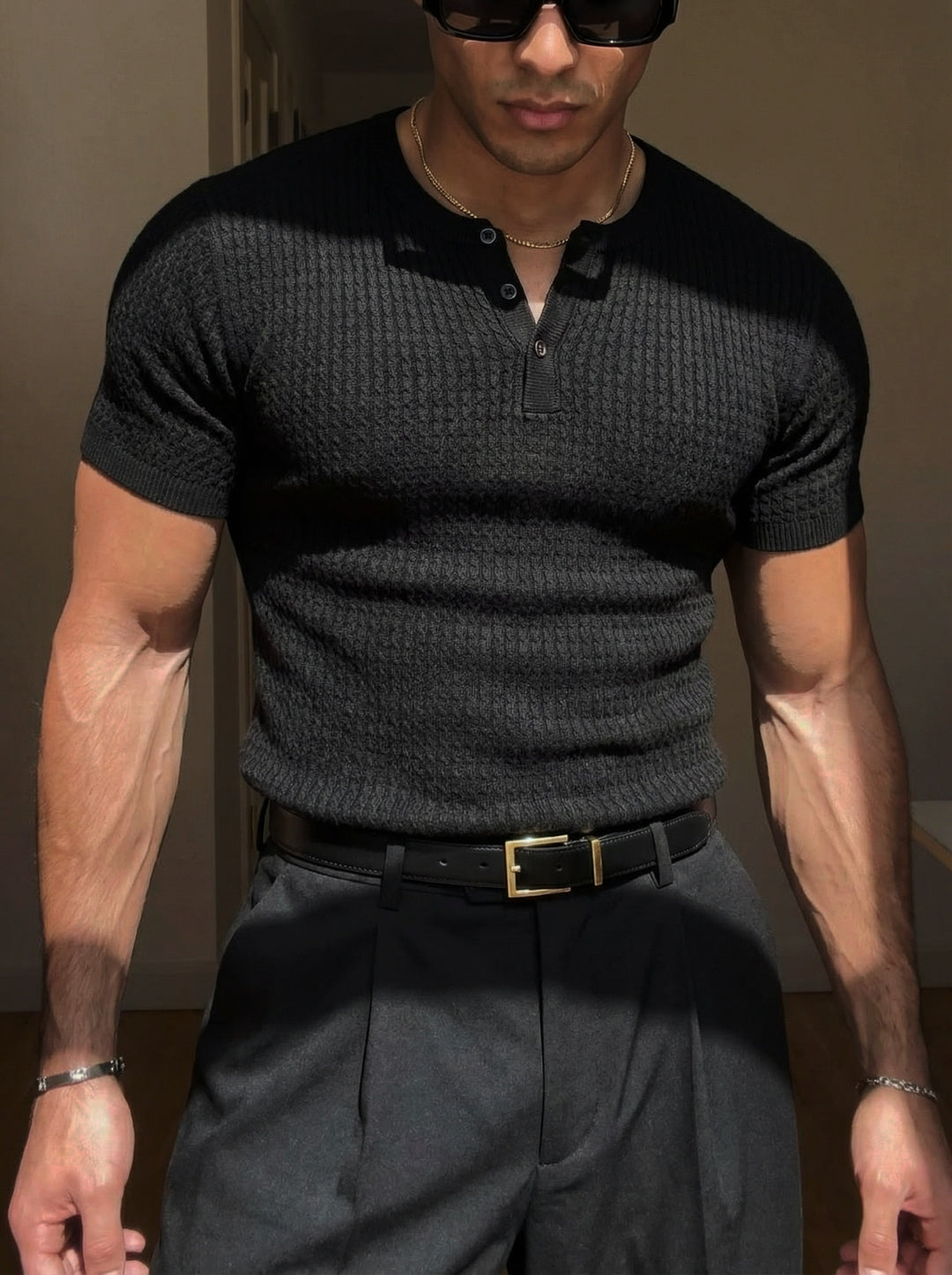 Regular Fit Waffle Button T-shirt - Black