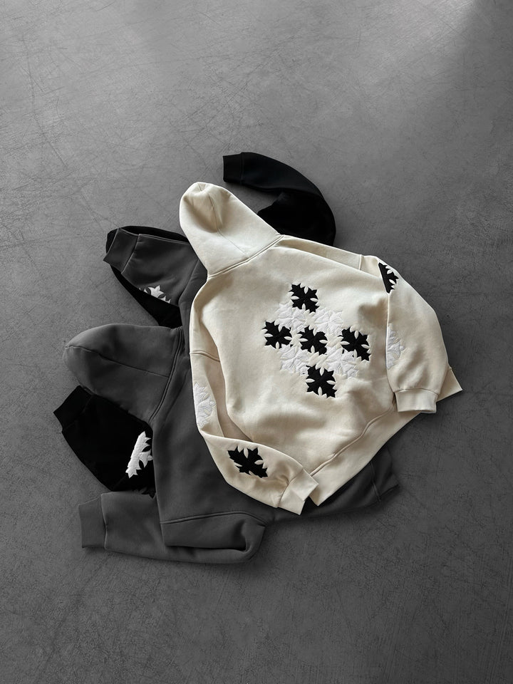Oversize Gothic Cross Hoodie - Beige