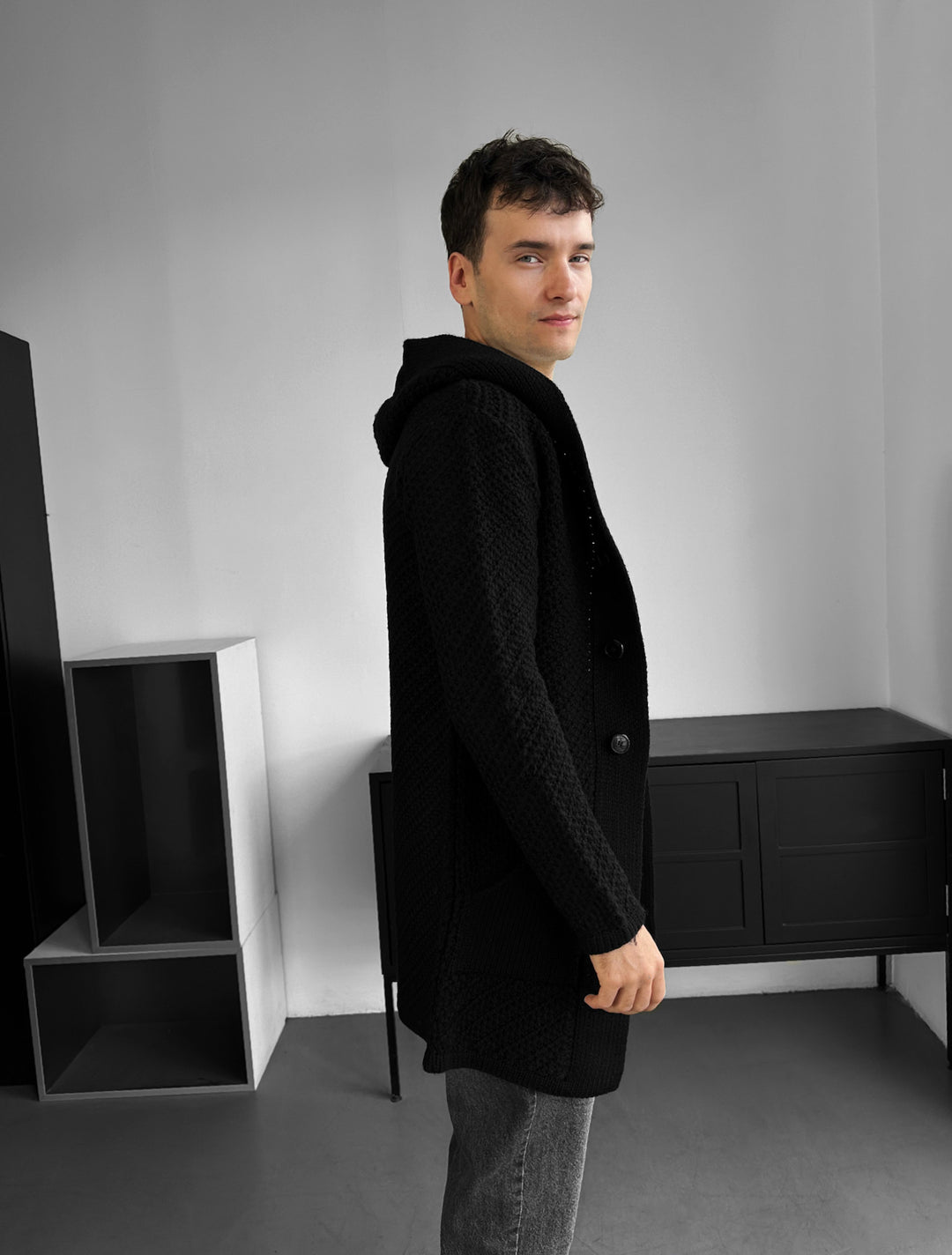 Loose Fit Button Textured Cardigan - Black
