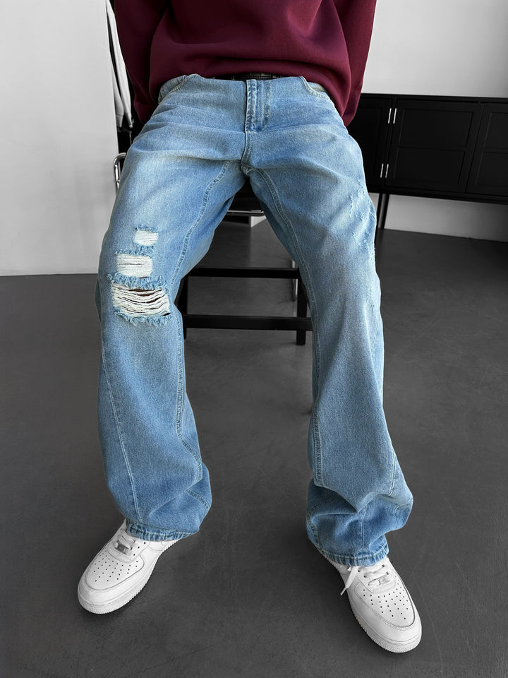 Baggy Washed Torn Jeans - Blue