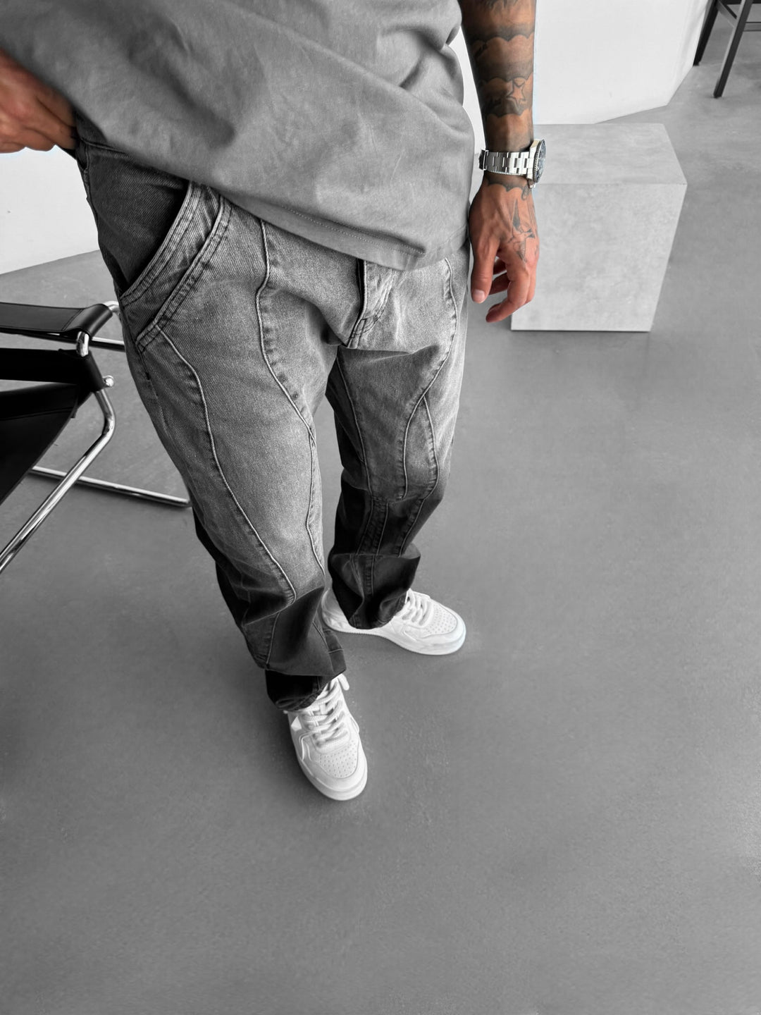 Baggy Half Washed Seam Jeans - Black STOK EKLEME
