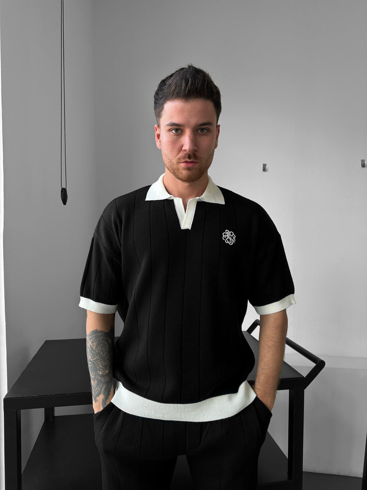 Loose Fit Embroidered Polo T-shirt - Black