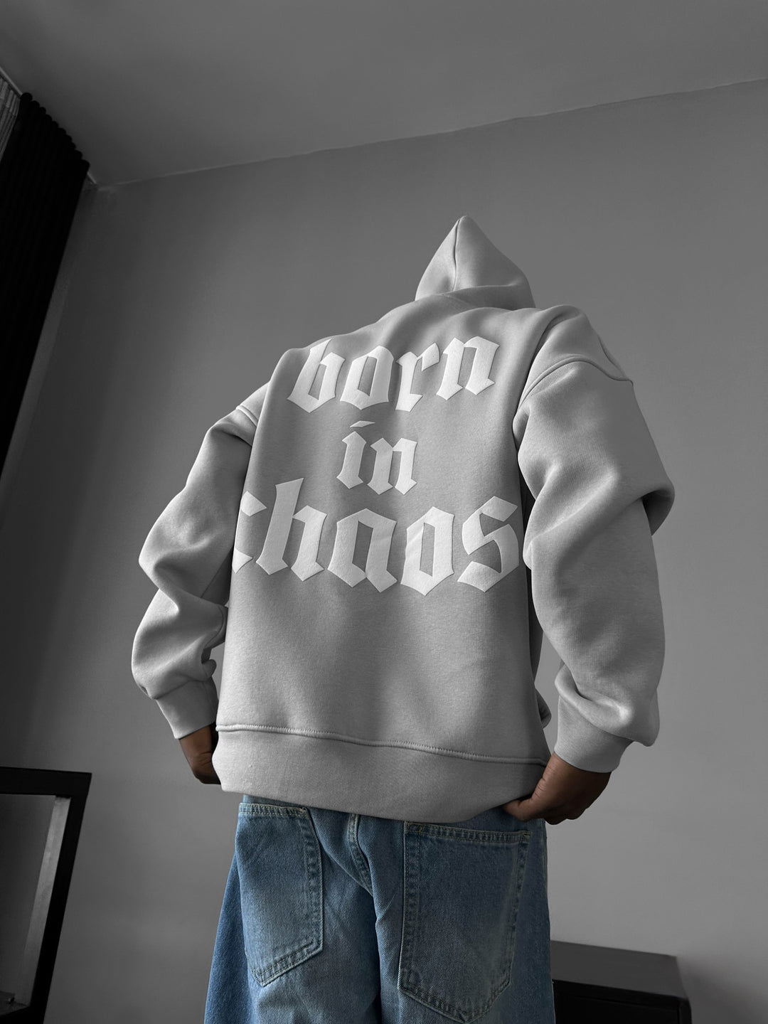 Oversize “Born in Chaos” Hoodie - Grey