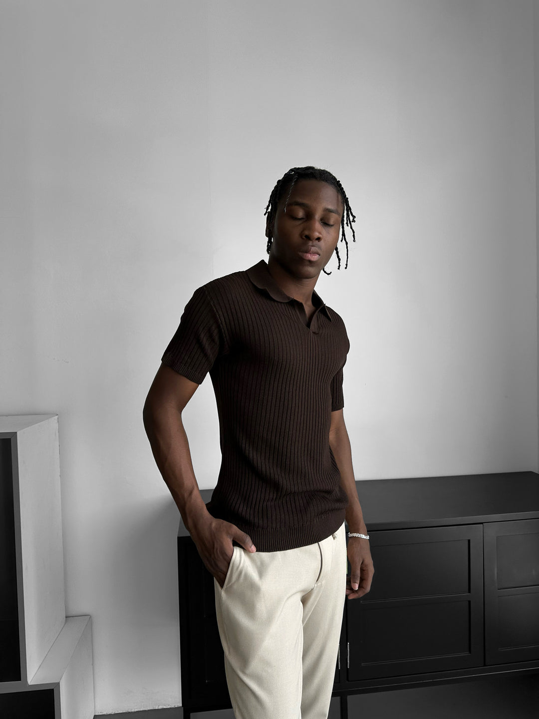 Slim Fit Knit Polo T-Shirt - Dark Brown