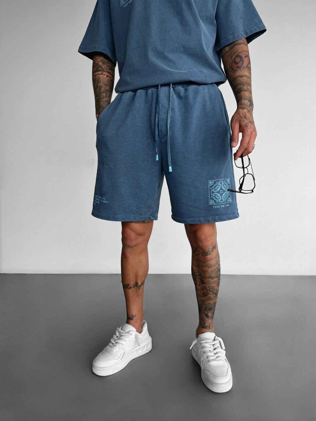Loose Fit Printed Washed Shorts - Blue