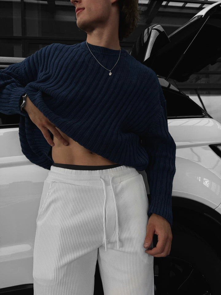 Oversize Ribbed Washed Sweater - Blue