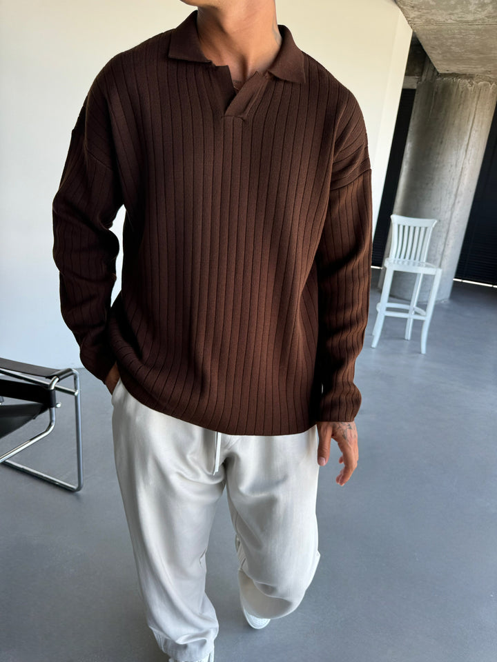 Oversize Wide Ribbed Long Arm Knit Polo Sweatshirt - Dark Brown