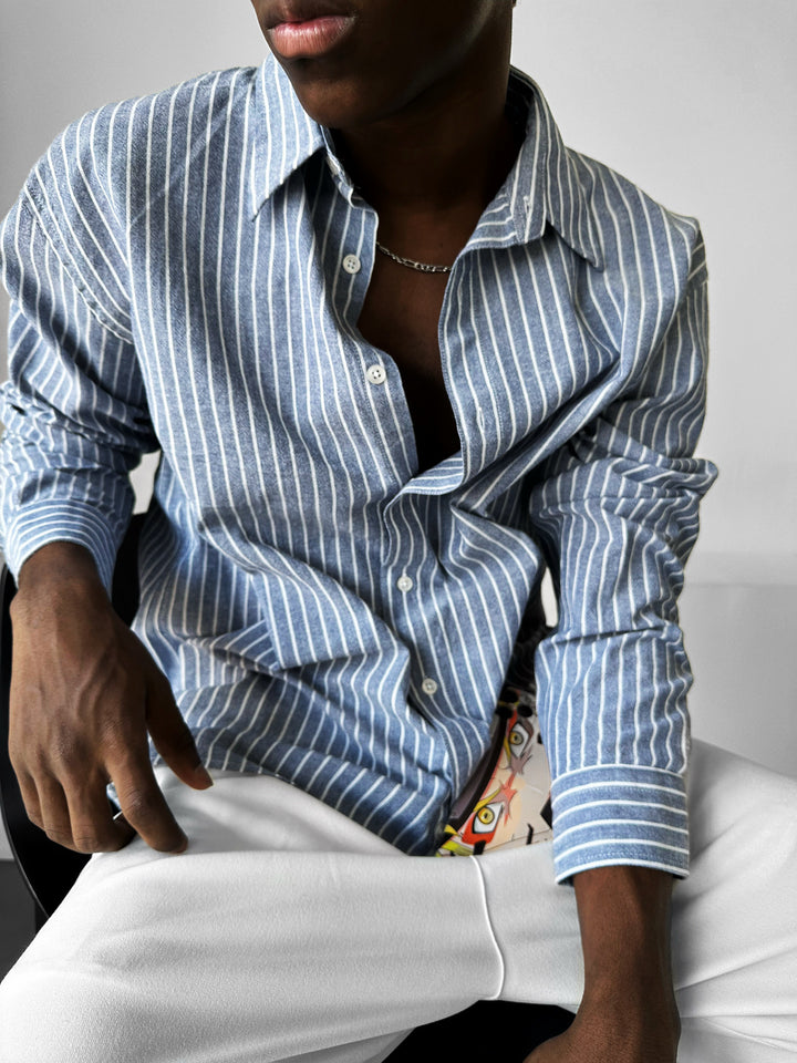 Oversize Cotton Thin Striped Shirt - Navy Blue