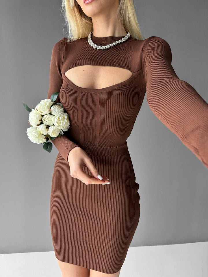 Knit Details Dress - Brown