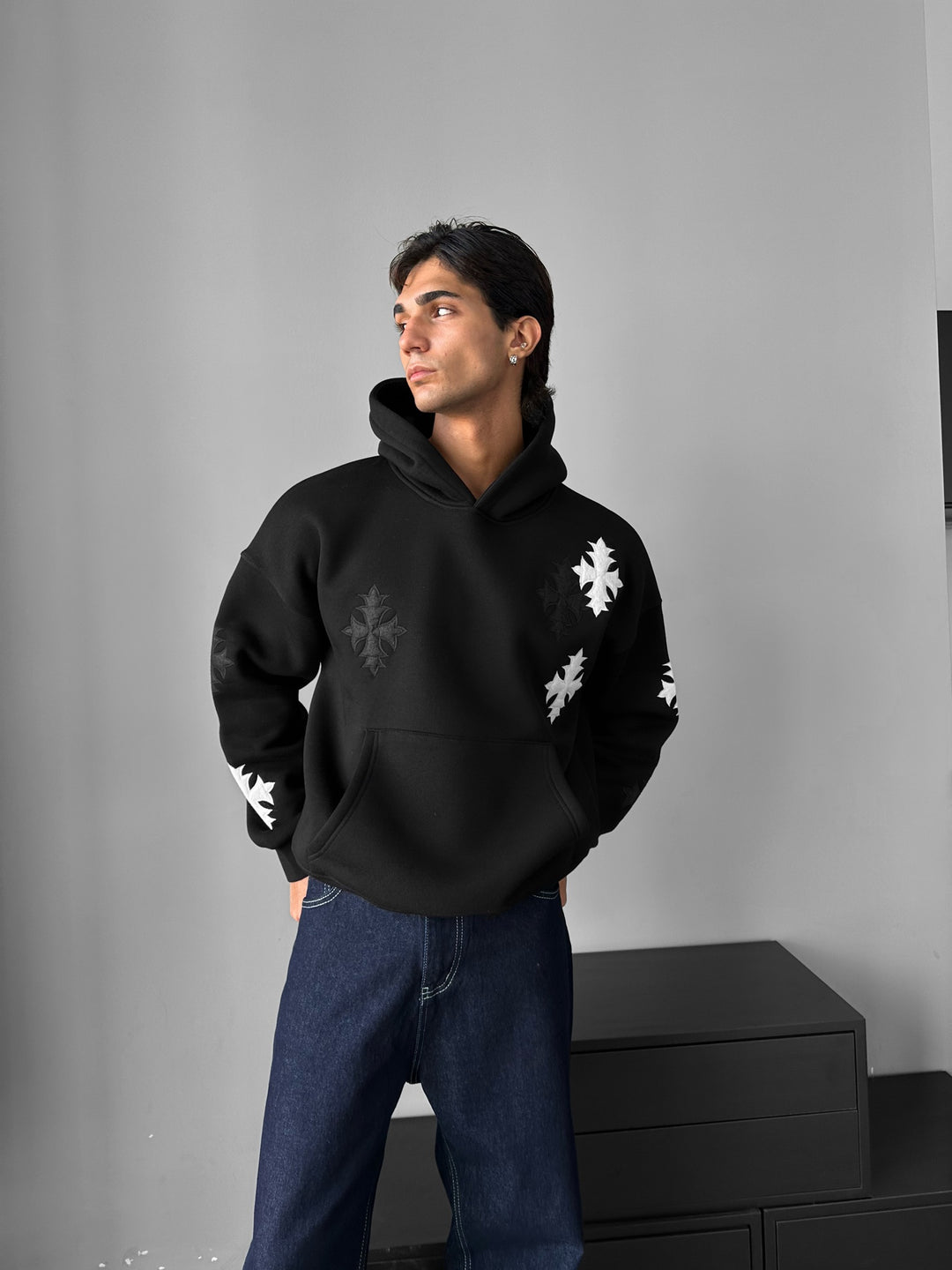 Oversize Gothic Cross Hoodie - Black