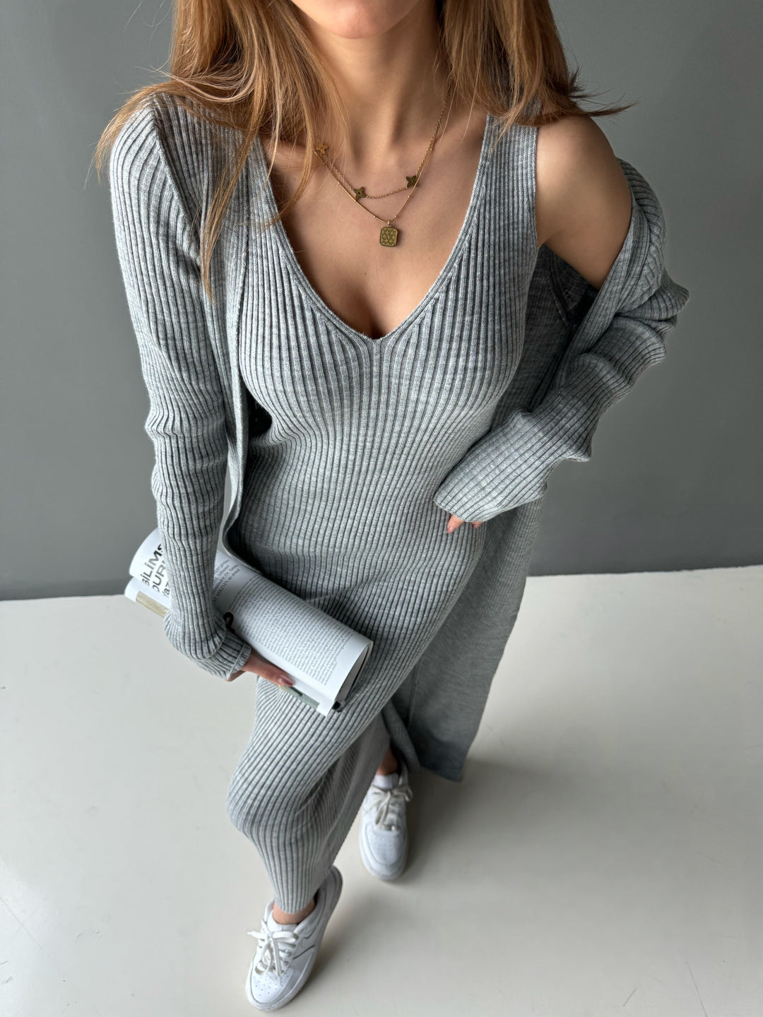 Maxi Knit Dress with Long Cardigan - Grey