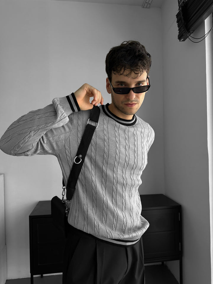 Regular Fit Braid Knit Sweater - Grey