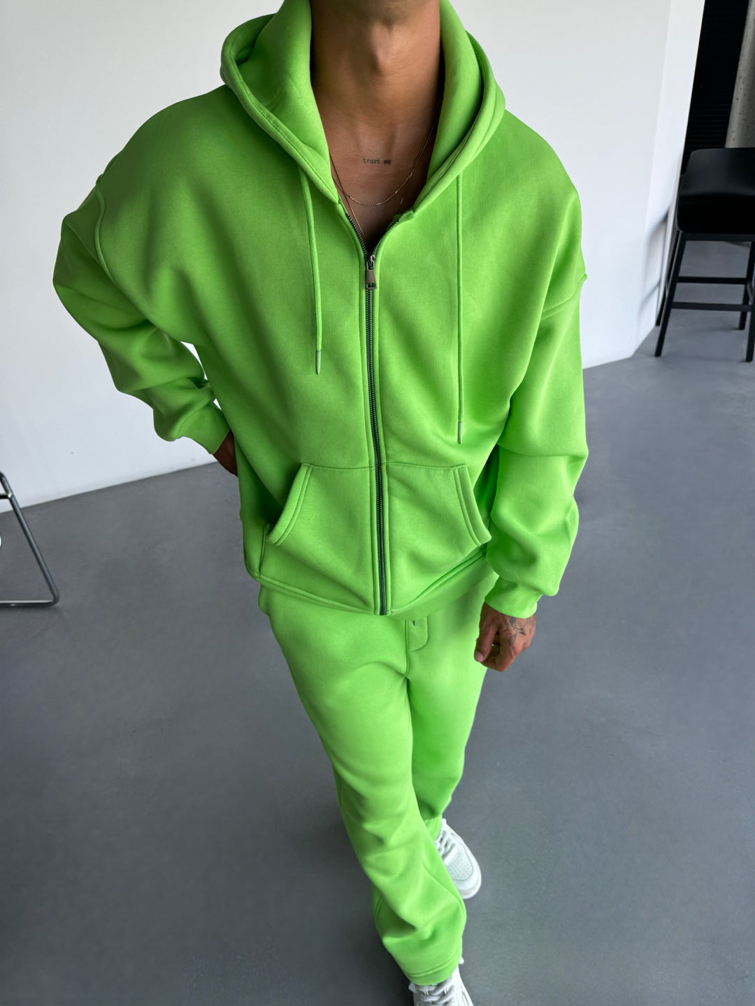 Oversize Basic Zipper Hoodie - Neon Slime