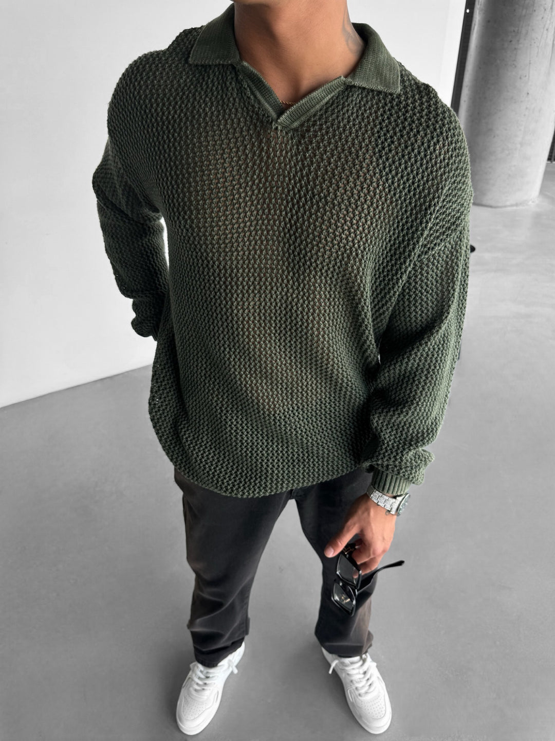 Oversize Rusty Collar Knit Sweater - Khaki