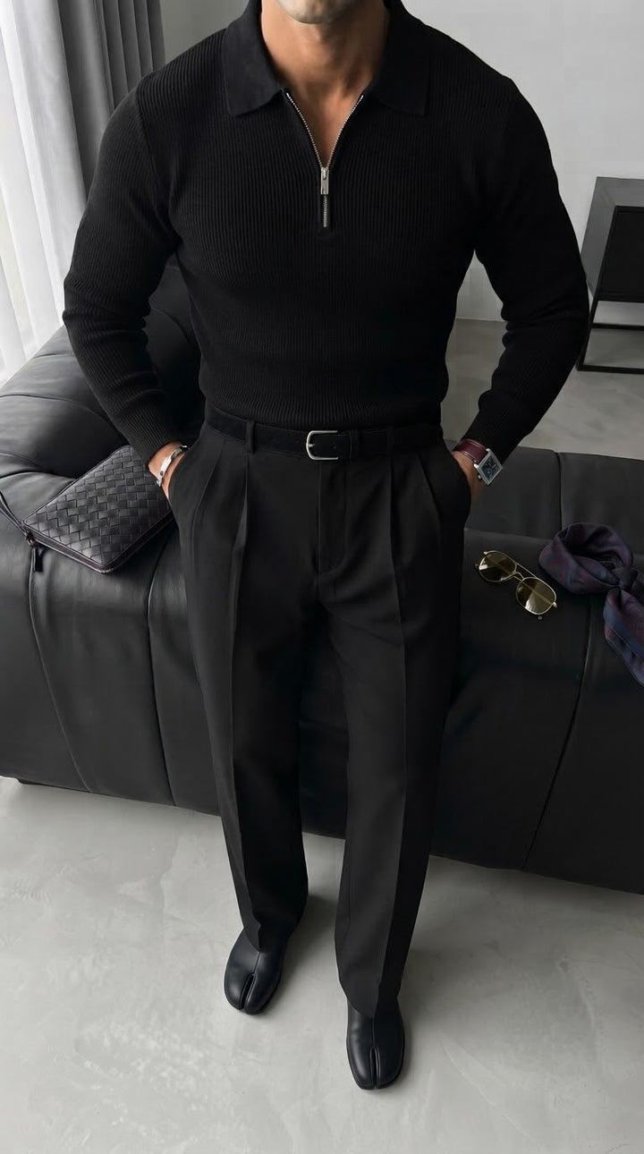 Loose Fit Polo Knit Sweater - Black