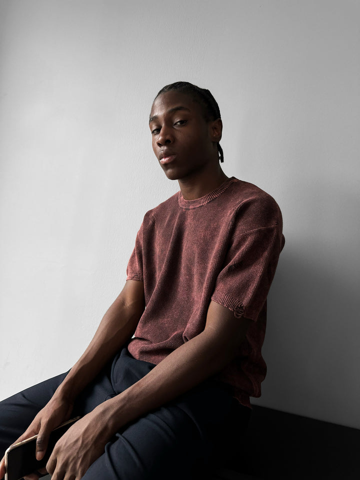 Oversize Knit Torn T-Shirt - Bordeaux
