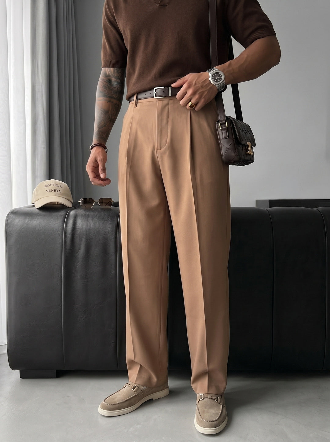 Loose Fit Pleated Trousers - Camel