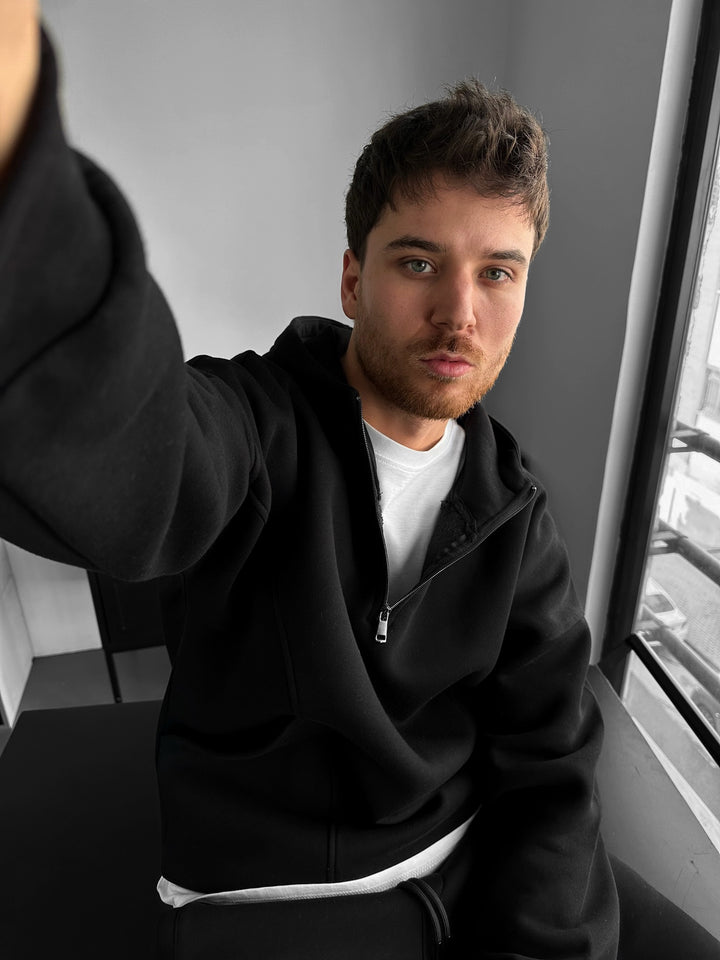 Loose Fit Half-Zip Basic Hoodie - Black
