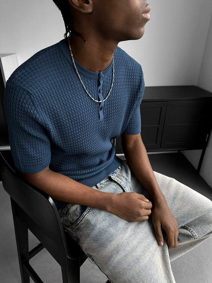 Regular Fit Waffle Button T-shirt - Indigo