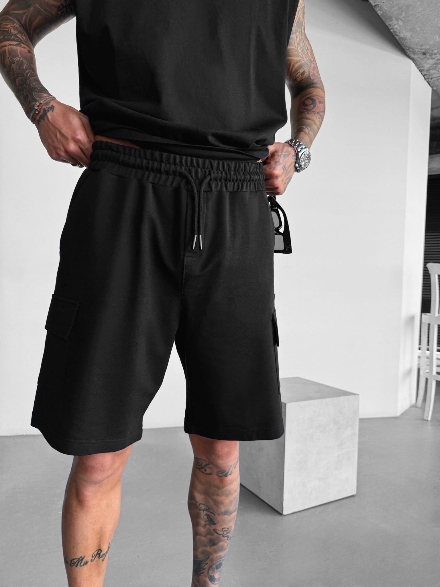 Black loose shorts on sale