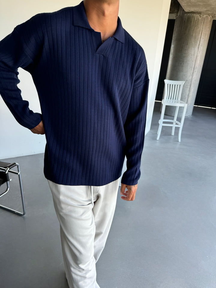 Oversize Wide Ribbed Long Arm Knit Polo Sweatshirt - Navy Blue