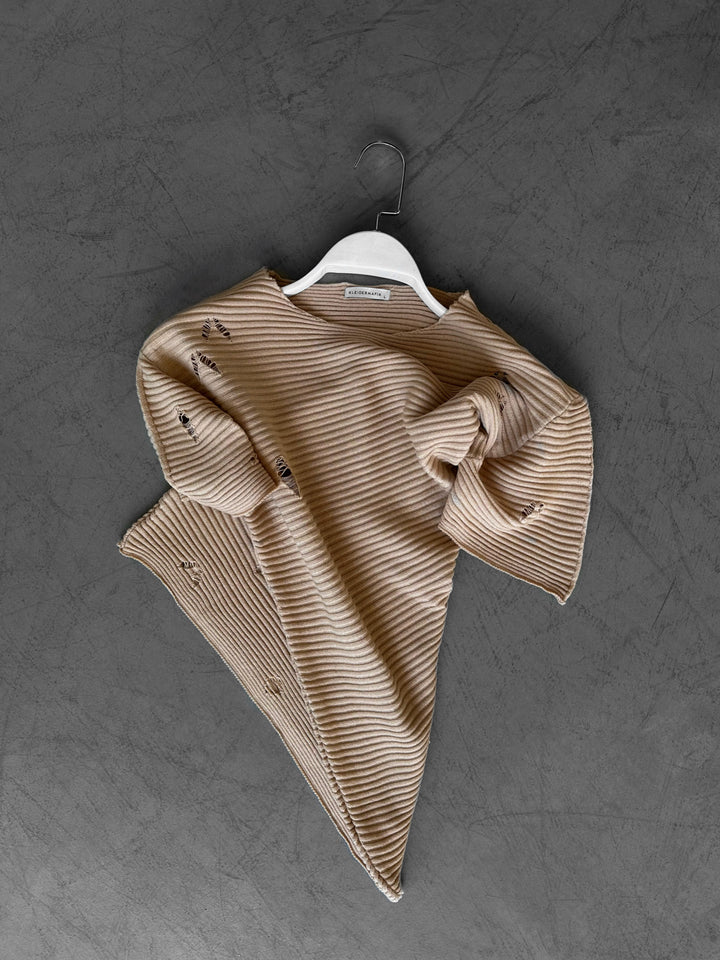 Loose Fit Torn Knit T-Shirt - Beige