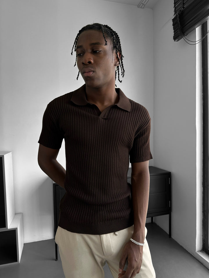 Slim Fit Knit Polo T-Shirt - Dark Brown