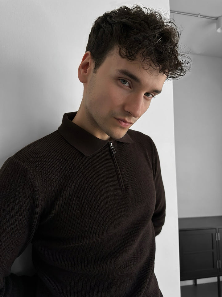 Loose Fit Polo Knit Sweater - Dark Brown