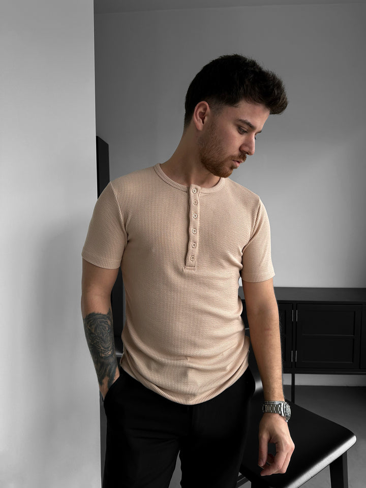 Slim Fit Button T-shirt - Cream
