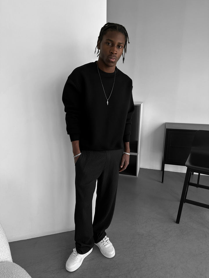 Loose Fit Ribbed Trousers - Black
