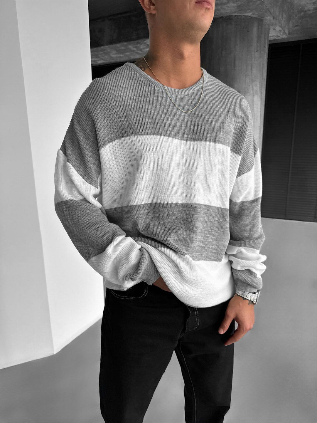 Loose Fit Strip Knit Sweater - Grey