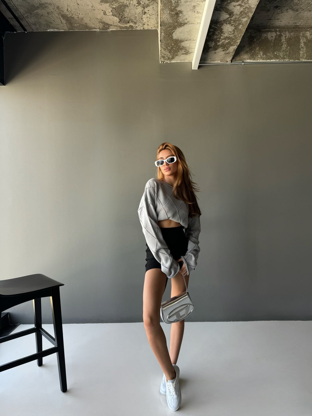 Oversize Textured Knit Sweater - Grey