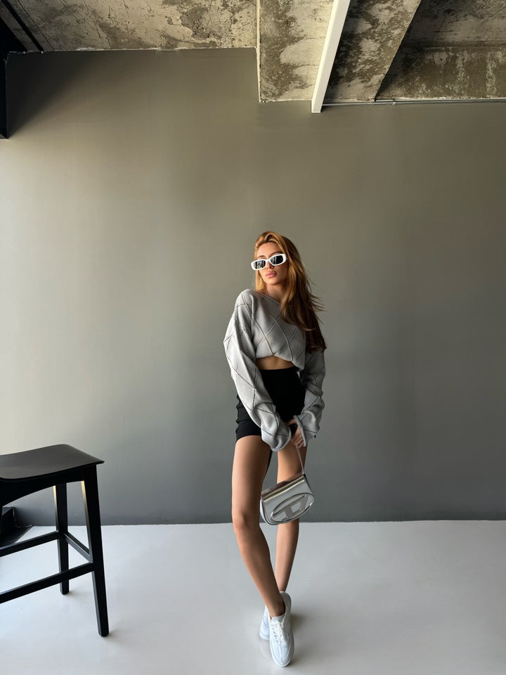 Oversize Textured Knit Sweater - Grey