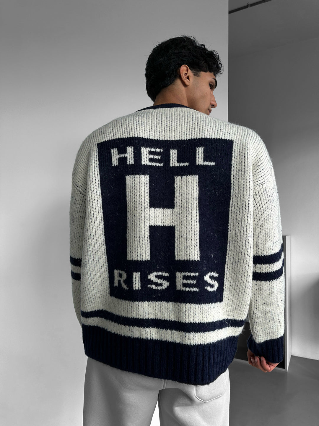 Oversize Knit Letter Sweater - Navy Blue