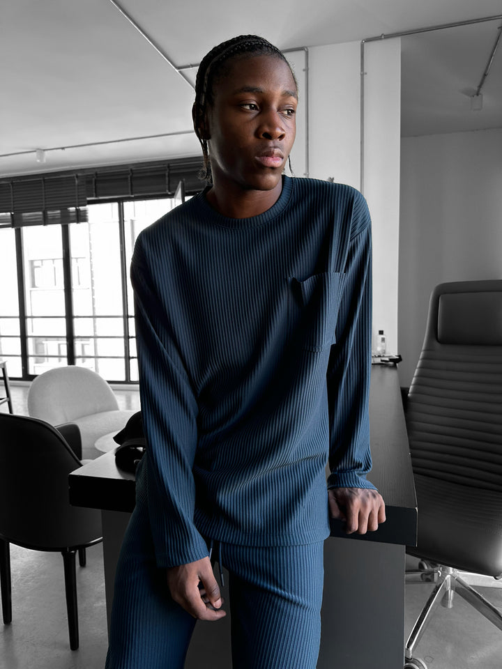 Loose Fit Striped Pocket Sweatshirt - Petrol