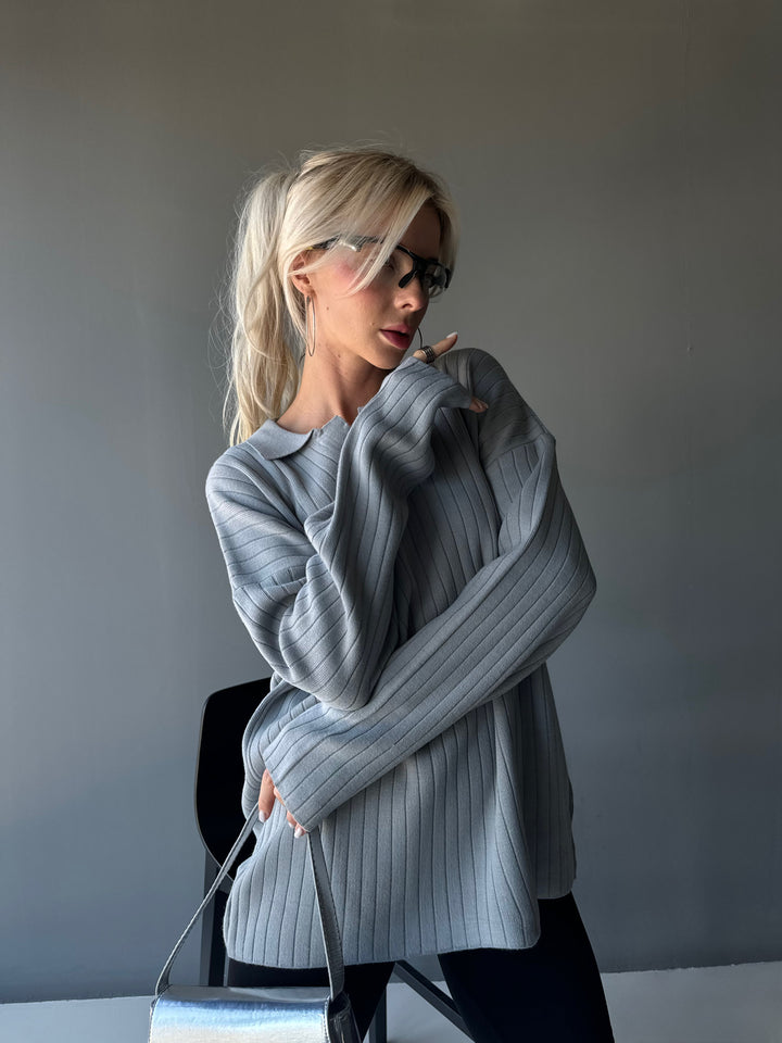 Oversize Wide Ribbed Long Arm Knit Polo Sweatshirt - Grey