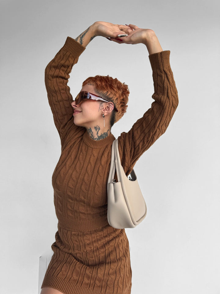 Braid Knit Pullover - Brown