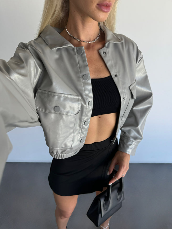 Short Leather Optik Jacket - Stone