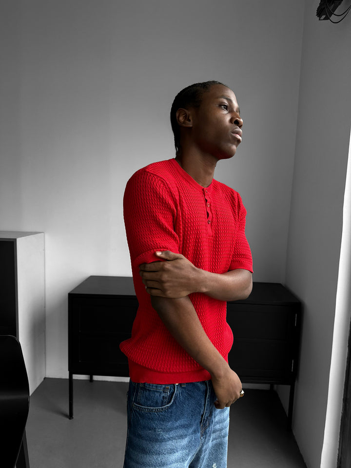 Regular Fit Waffle Button T-shirt - Red