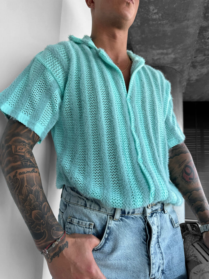 Oversize Hairy Lines Knit Shirt - Babyblue