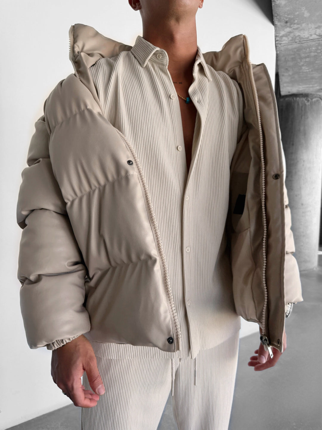 Oversize Leather Jacket - Beige