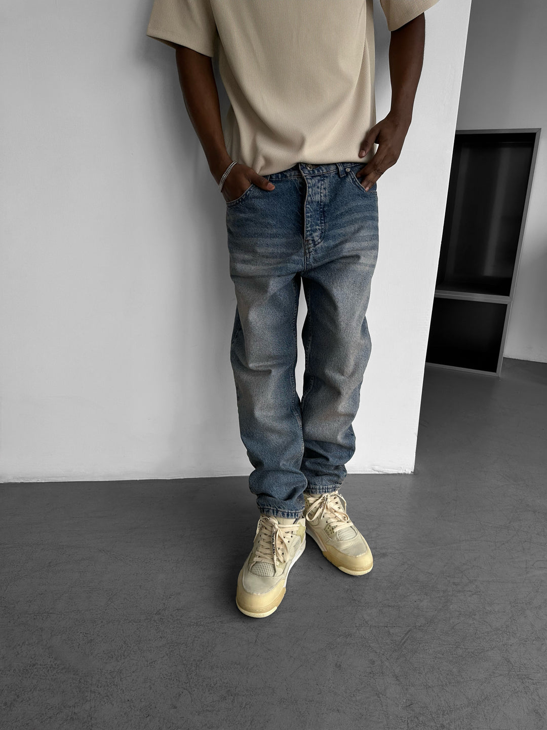 Baggy Fit Washed Jeans - Dark Blue