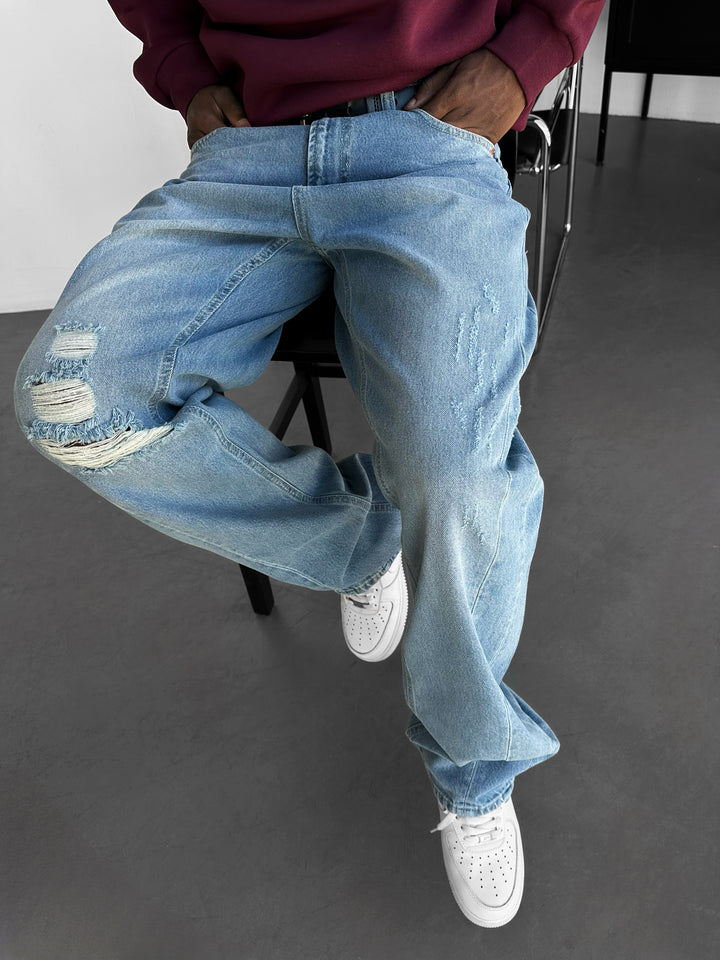 Baggy Washed Torn Jeans - Blue