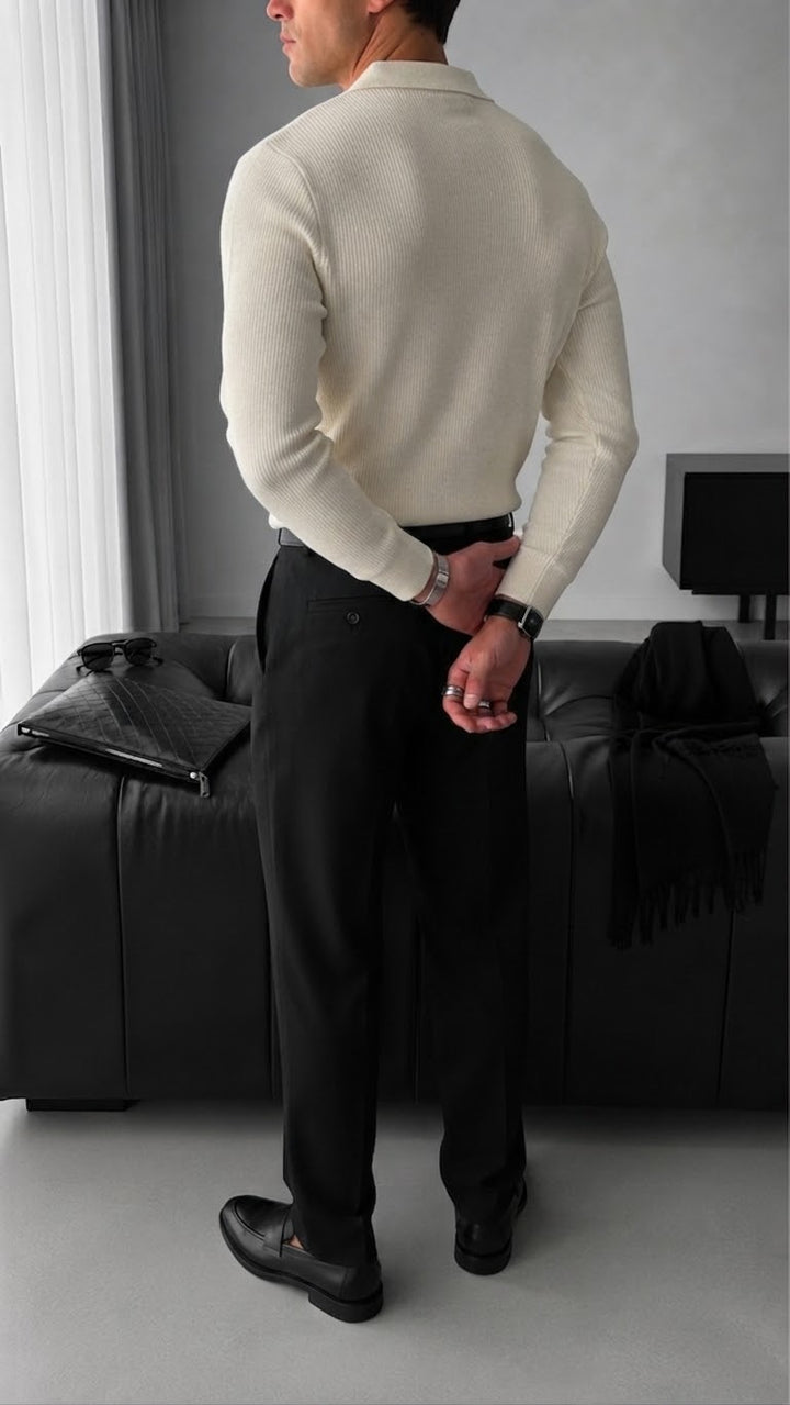 Loose Fit Polo Knit Sweater - Beige