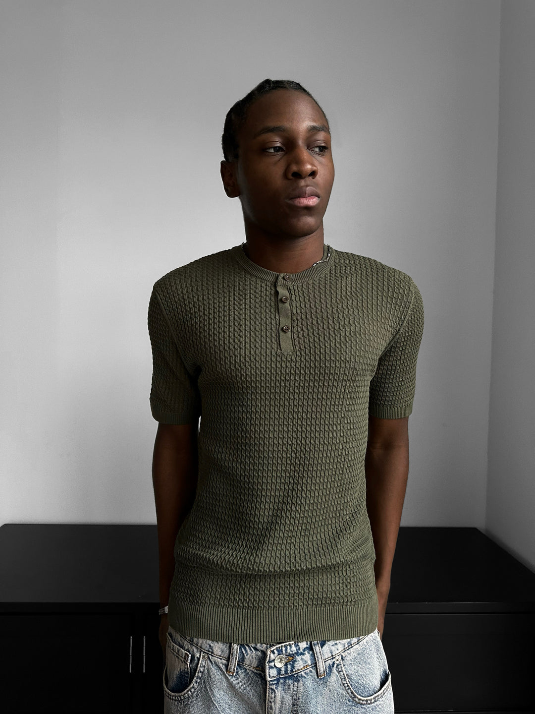 Regular Fit Waffle Button T-shirt - Khaki