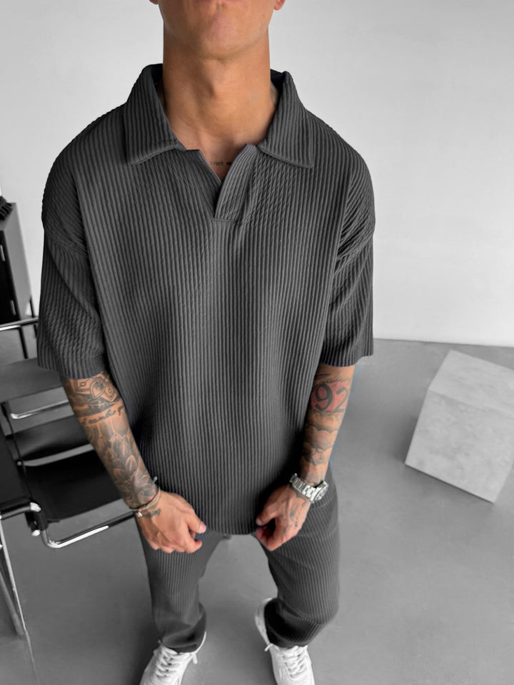 Oversize Ribbed Polo T-Shirt - Anthracite