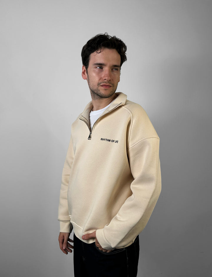 Oversize Half-Zip Motto Sweatshirt - Beige