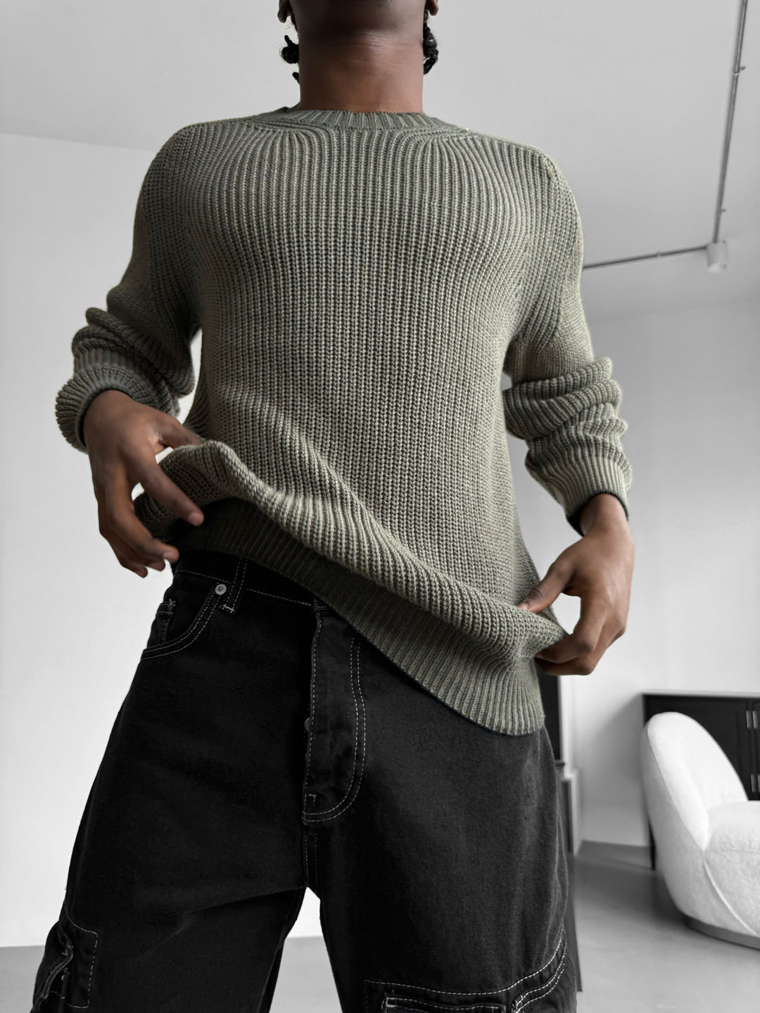 Oversize Washed Knit Sweater - Khaki