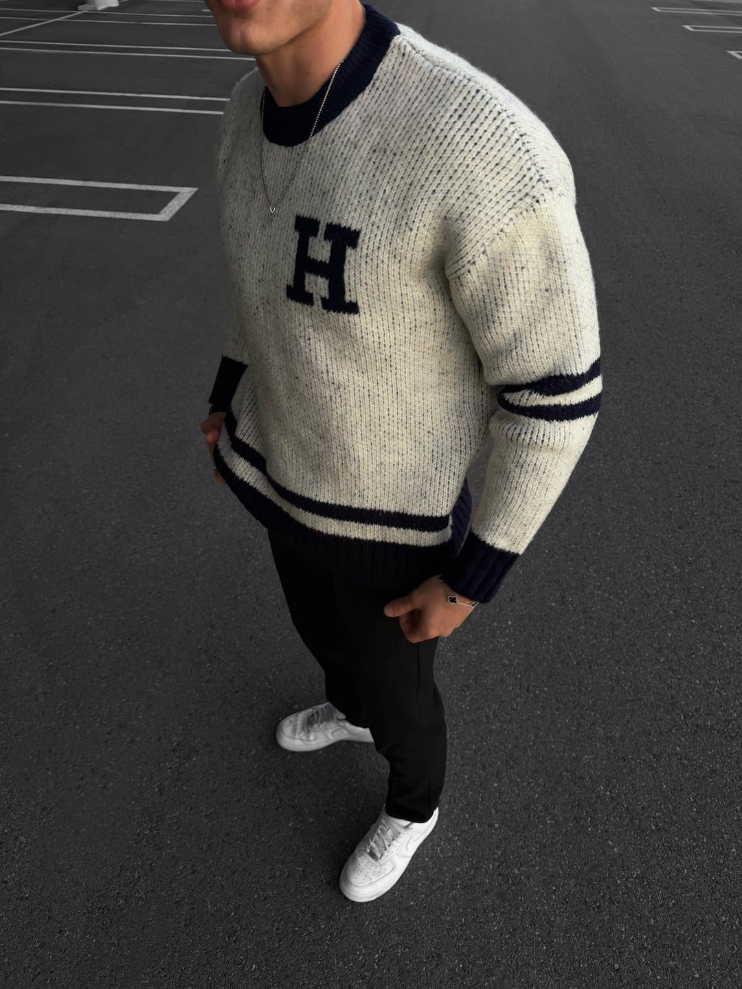 Oversize Knit Letter Sweater - Navy Blue